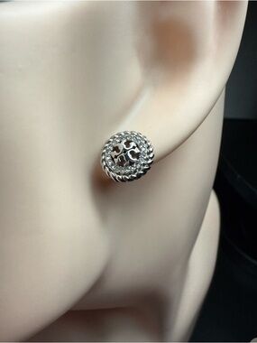 Tory Burch Silver Rope-Trim Logo Round Stud Earrings